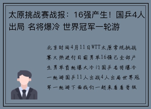 太原挑战赛战报：16强产生！国乒4人出局 名将爆冷 世界冠军一轮游