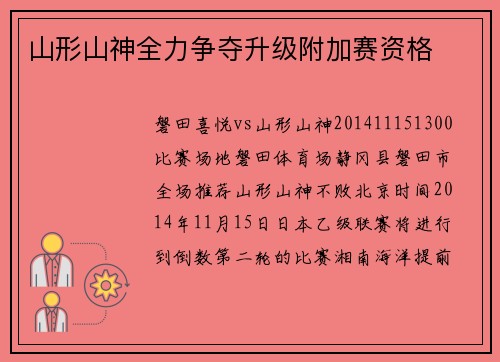 山形山神全力争夺升级附加赛资格