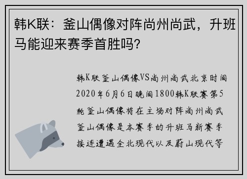 韩K联：釜山偶像对阵尚州尚武，升班马能迎来赛季首胜吗？
